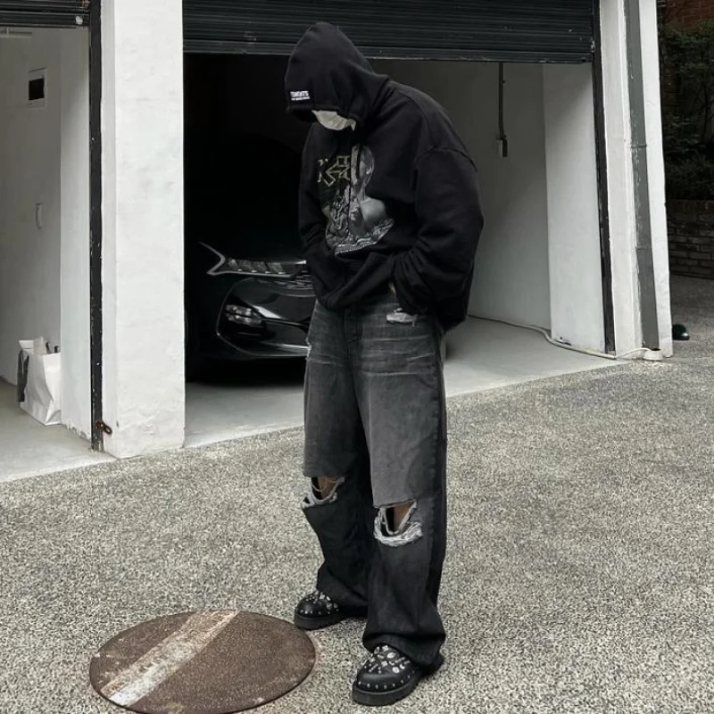 

High Quality Bucket Torn Jeans Men Women EU Size Heavy Fabric Fashion Streetwear Pants Four Seasons Alternative Clothing
