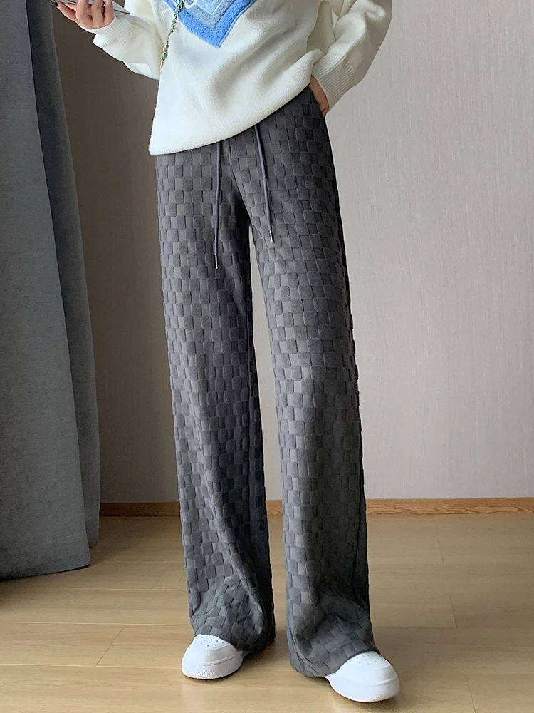QOERLIN Thicken Check Pants Women High Waist Korean Fashion Elastic Waist Trousers Female Loose Casual Wide Leg Pants 2023 New