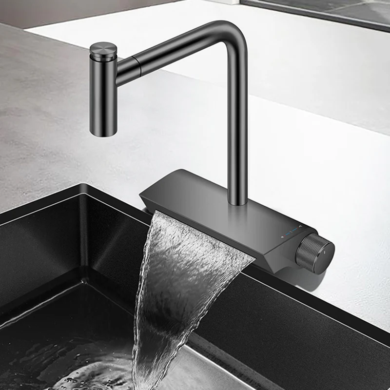 Black Waterfall Kitchen Faucet Hot Cold Water Kitchen Faucets Black