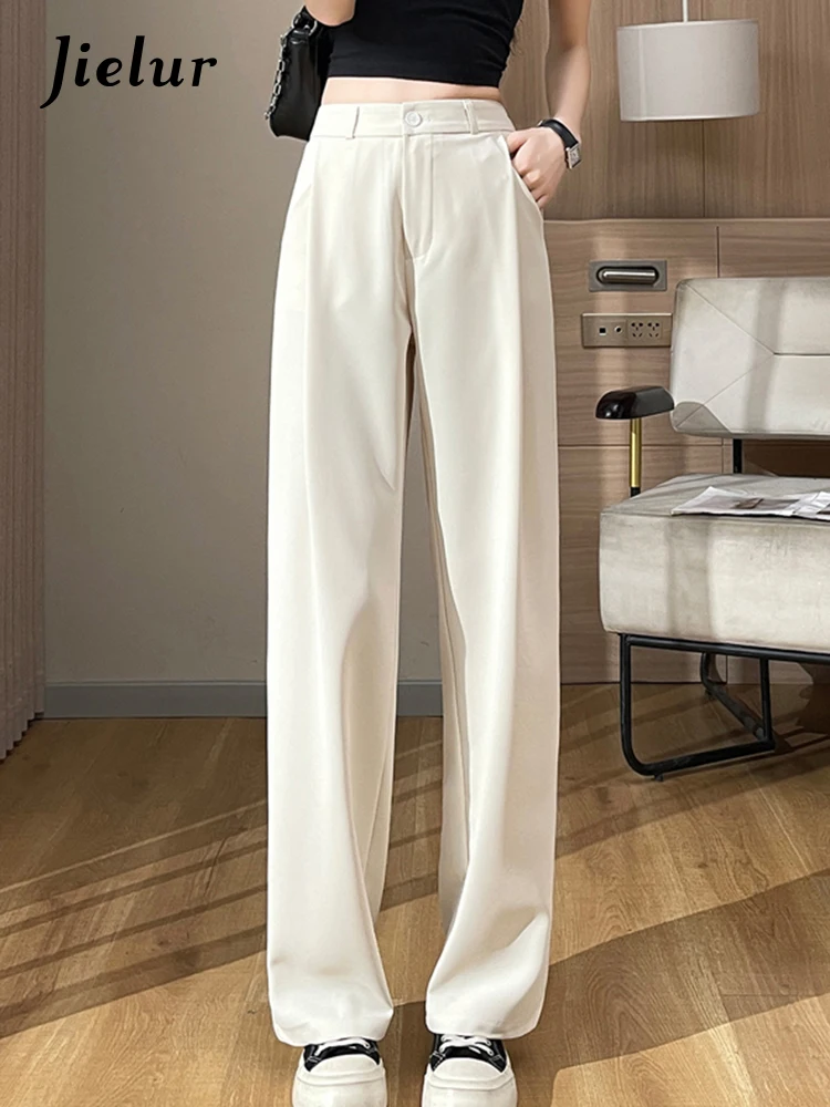 

Jielur Apricot Loose Female Suit Pants Summer Solid Color High Waist Slim Casual Women's Wide Leg Pants Fashion Basic Workwear