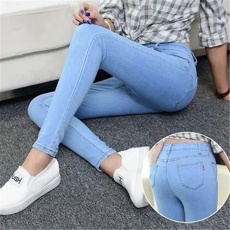 

Oversize 32 High Waist Blue Pencil Denim Pants Classic Slim Stretch Vaqueros Women Pants Korean Fashion Ankle-length Jeans Woman