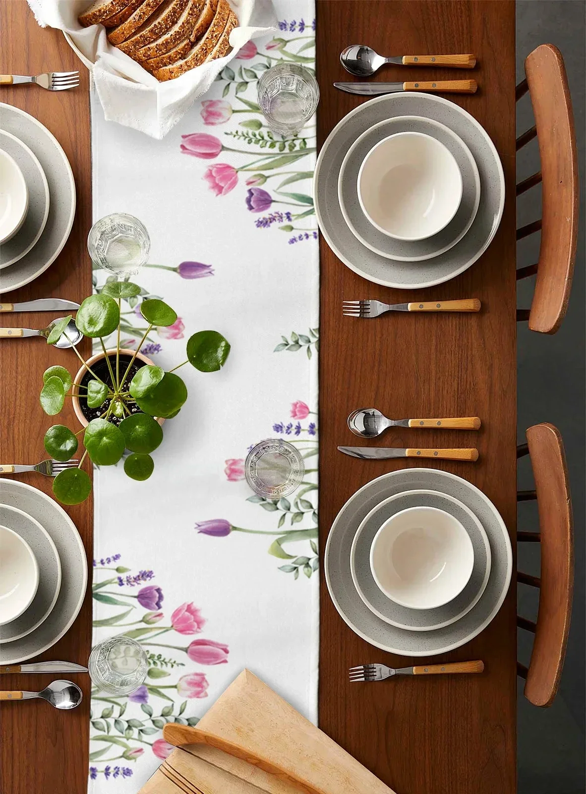 Spring Tulip Plant Flower Linen Table Runners Holiday Party Table Decor Farmhouse Dining Table Runners Wedding Decorations 2
