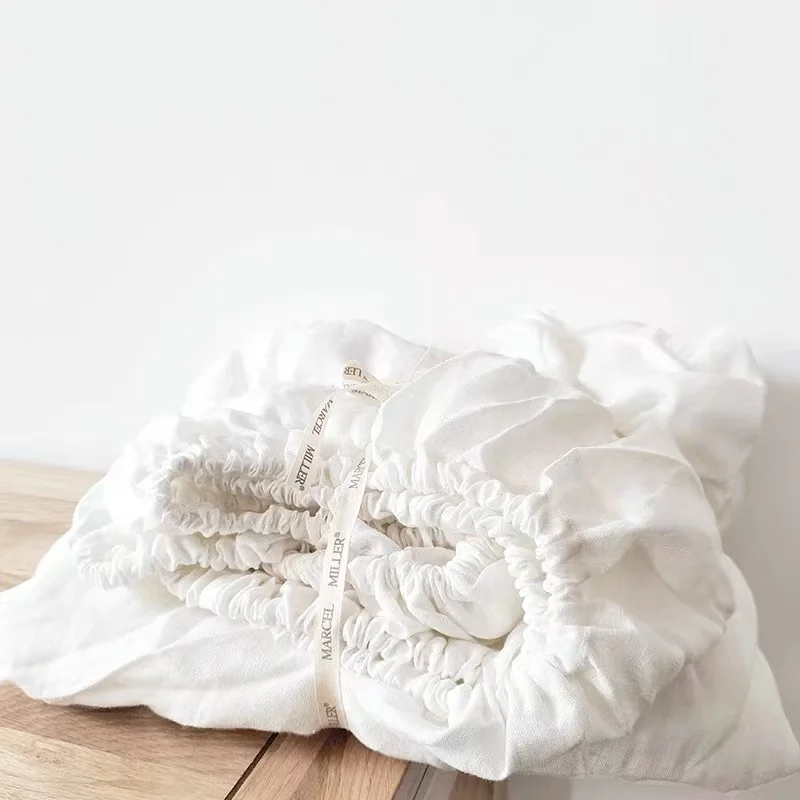 100% Linen Fitted Bed Sheet with Elastic Band Solid Color Anti-slip Adjustable Mattress Cover for Single Double King Queen Bed 5