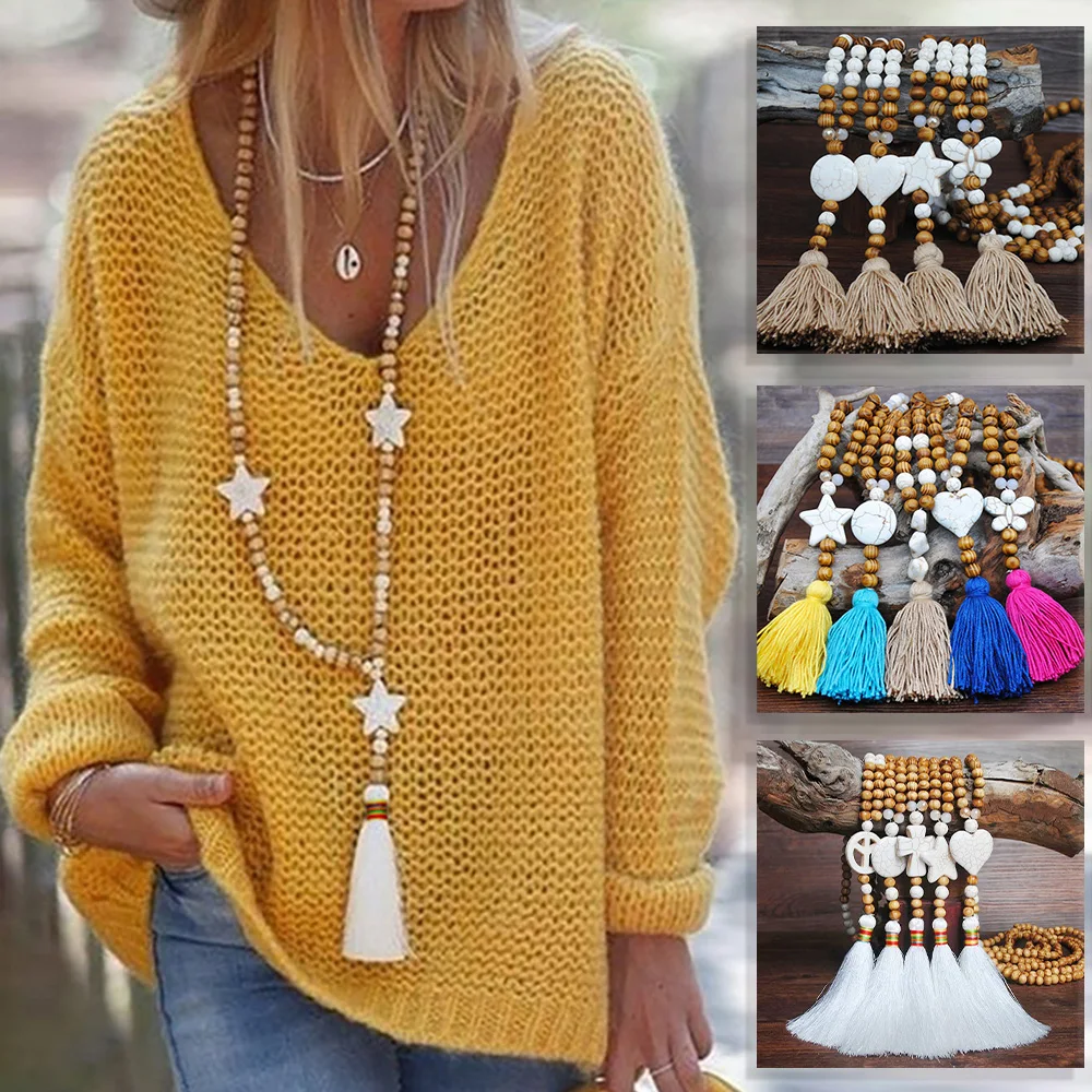 Bohemian Ethno Vintage Statement Quaste Holzperlen Pullover Halskette Stern Naturstein Boho Lange Halskette für Frauen