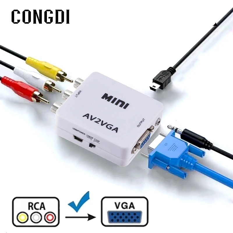 Convertidor de vídeo AV CVBS a VGA, adaptador VGA a AV RCA con Cable de Audio de 3,5mm para TV Box PC Monitor 1080P HDTV Mini convertidor| | - AliExpress