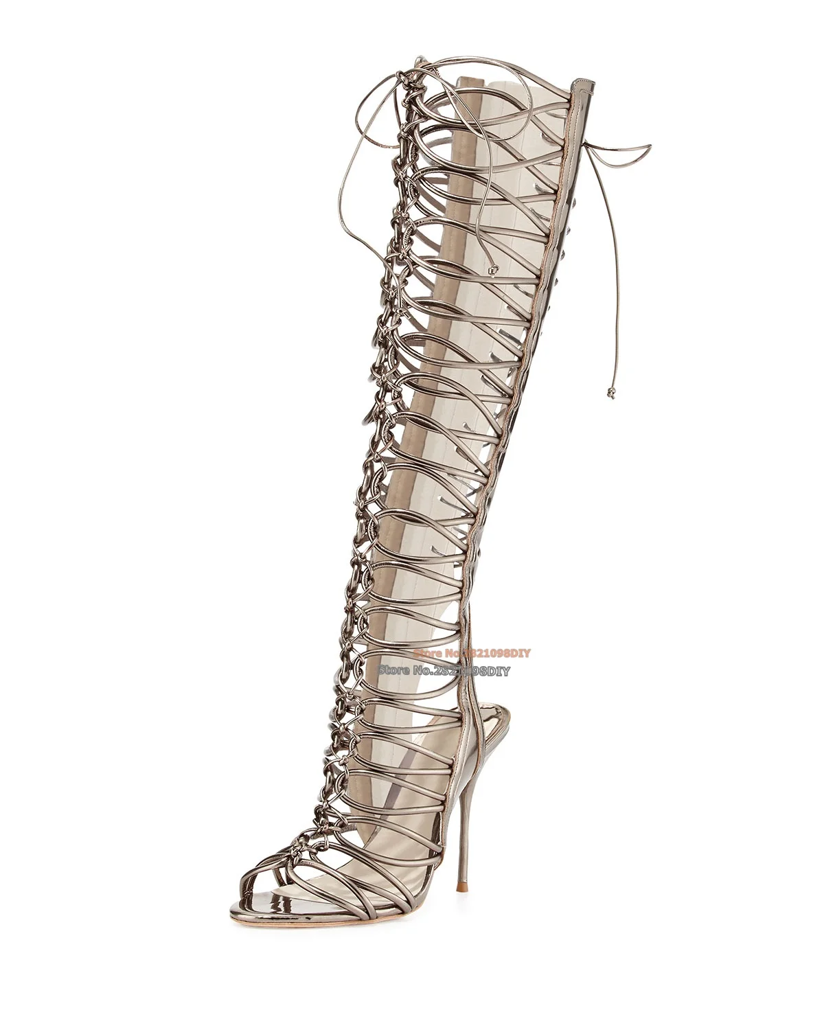 

Women's Lace-Up Knot Gladiator Open Toe High Heel Sandal Boots Women Thin Heeled Knee High Stiletto Heeled Summer Long Boot