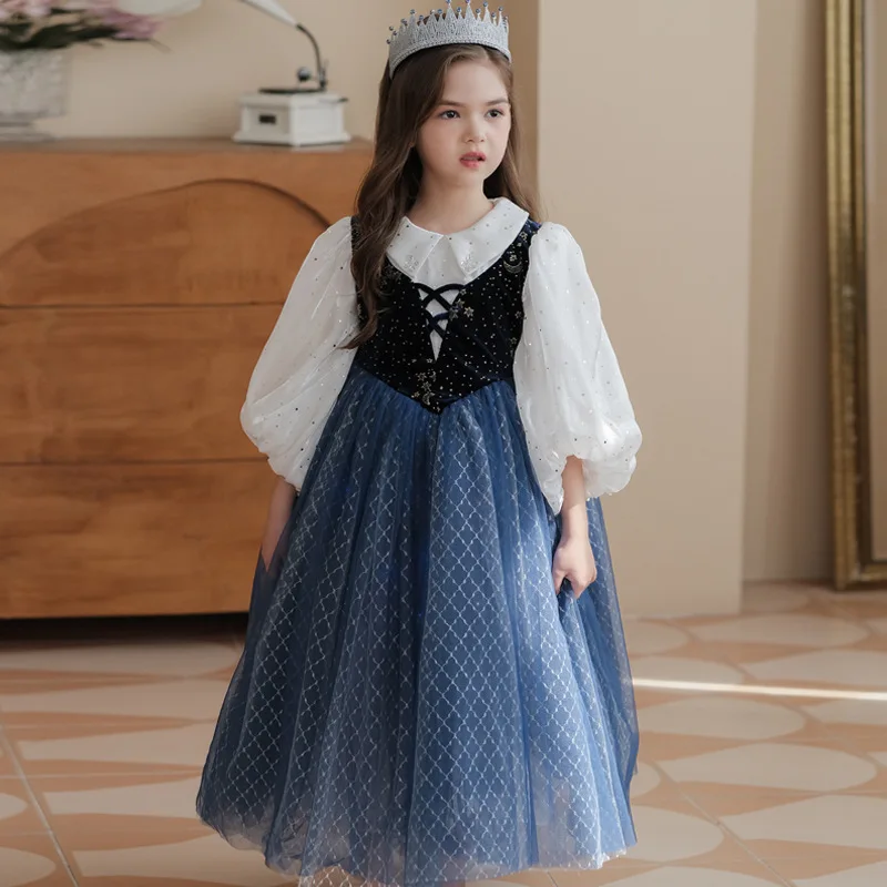 

2023 Autumn Girls Long Sleeve Mesh Anna Princess Dress Puff Sleeve Prom Gown Birthday Party Snow Queen Halloween Cosplay Costume