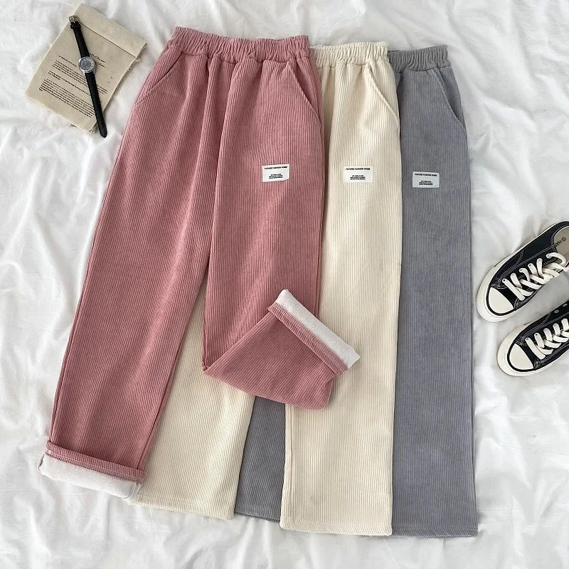

Harajuku Thick Warm Corduroy Wide Leg Pants Women Winter Letter High Waist Elastic Sweatpants Women Chic Korean Y2k Pants