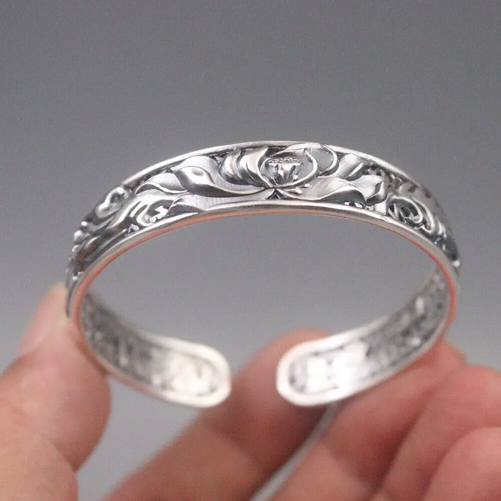 

Solid 999 Fine Silver 12mm Lotus Pattern Open Bangle Unisex Cuff 2.36inch Dia.