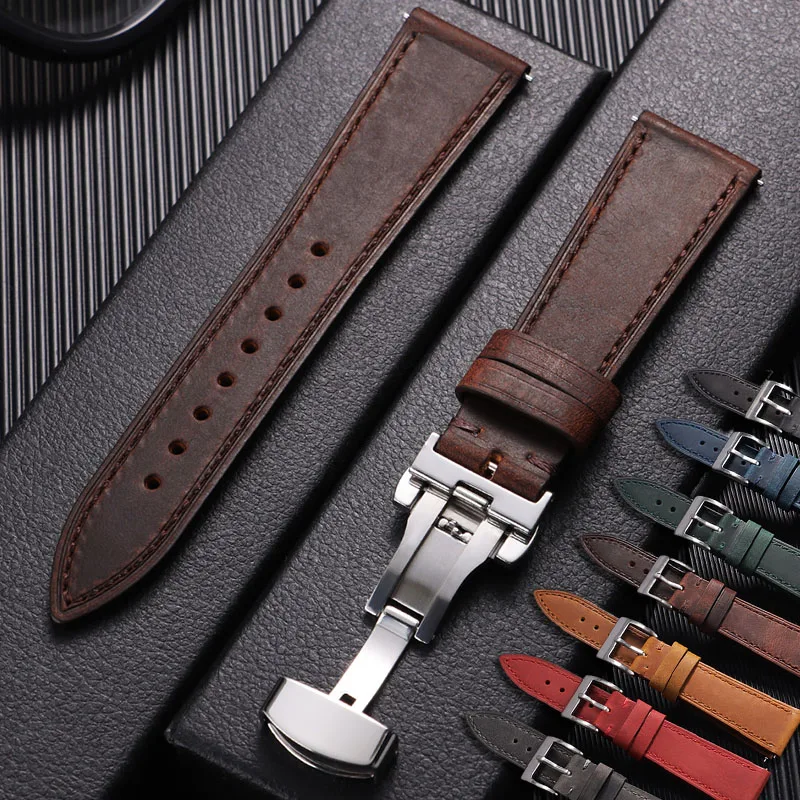 Elegant Vintage Cowhide Leather Watch Strap with Deployment Buckle - Business Style Wristband