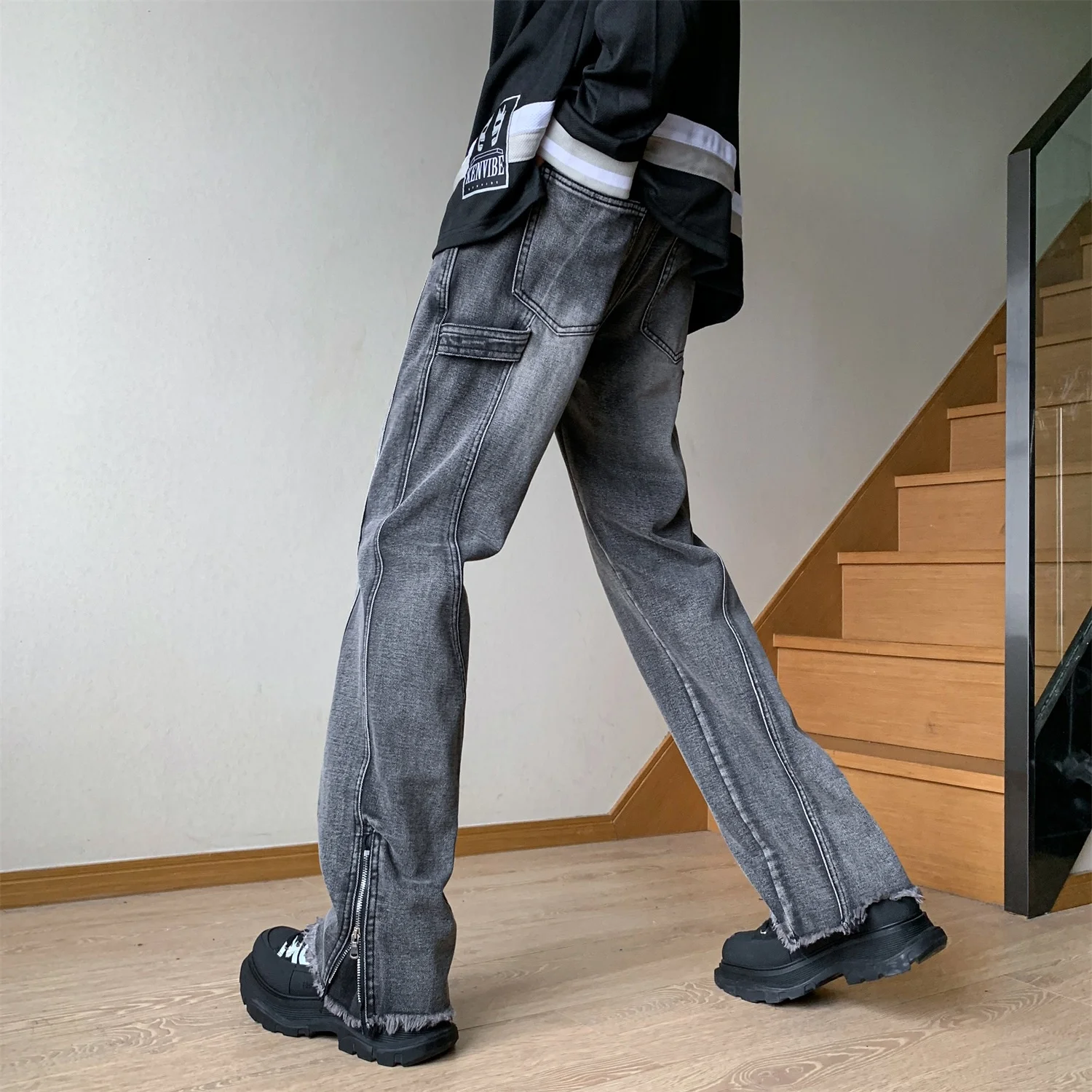 

2023 New Vintage High Street Men Jeans Harajuku Slit Design Oversized Denim Pants For Male Hip Hop Black Casual 5XL Trousers