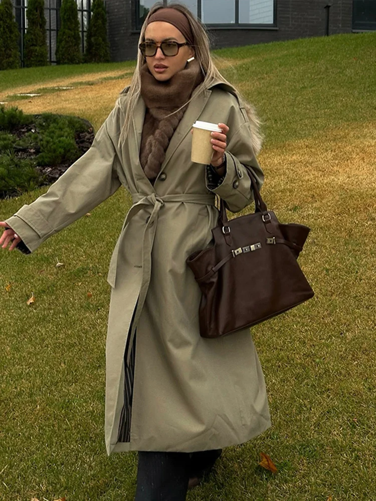 Vintage Splicing Striped Khaki Trench Women Retro Lapel Single-Breasted Long Windbreaker Lady Autumn Elegant Chic Street Outwear girls trench coats