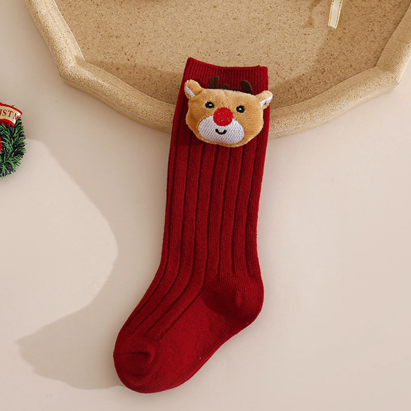 Cute Infant Knee High Socks Reindeer Elf Design Crew Socks Cozy Cotton Holiday Stocking for Christmas