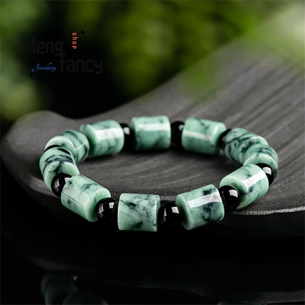 Natural Myanmar A-goods Jadeite Light Green Floating Flower Barrel Beads Lu Lutong Bracelet Ink and Wash Style Fashion Jewelry