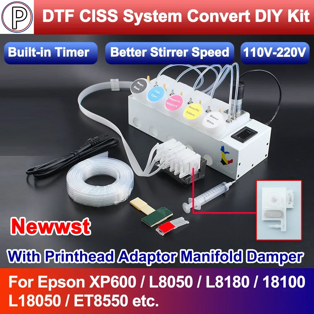 XP600 ET-8550 L18050 250ML DTF CISS 잉크 시스템(프린트 헤드 어댑터 포함) Epson L8050 18100 탱크 교반기 타이머용 매니폴드 댐퍼