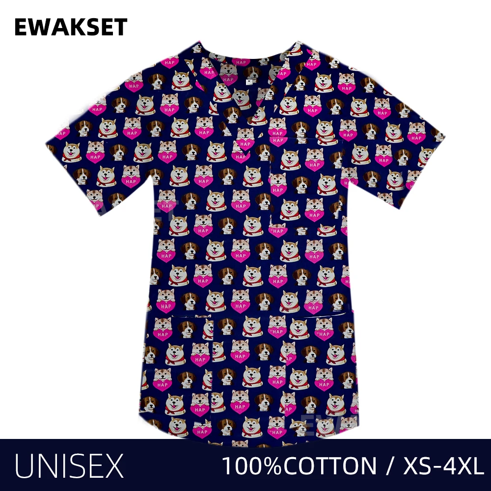 Unisex Scrub Tops Printed Short Sleeve V-Neck Cotton Uniform Nurse Doctor Medical Top Vet Clinic Blouse Dentist Working Unifroms medical scrubs