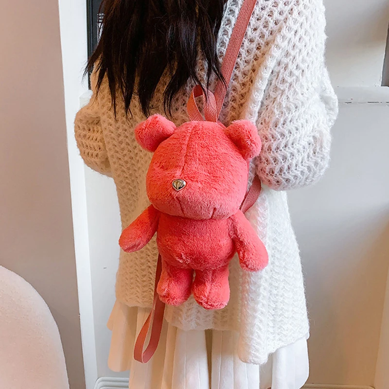 Pink Cartoon Bear Plush Backpack Cute Style Women's Shoulder Bag Soft Plush Material Soft Toy Girl Bag Creative Animal Backpack