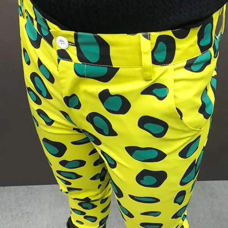 Spring Yellow Male Casual Pants Singer Stage Wear Mens Fashion Floral Print Suit Trousers Hip Hop Nightclub Stage Singer DJ