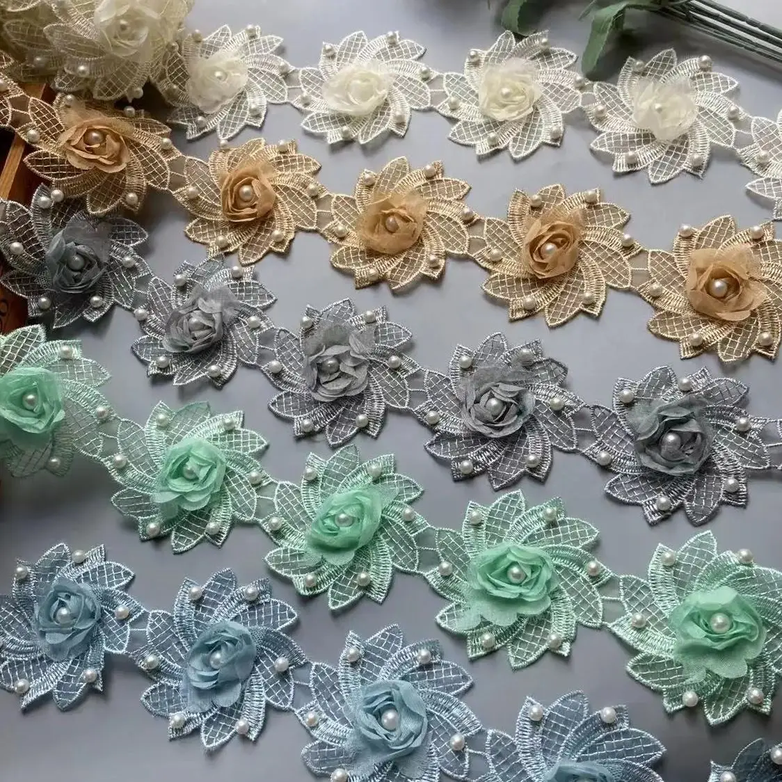 

Soluble Sky Blue Chiffon Pearl Flower Embroidered Lace Trim Fabric Lace Ribbon Handmade DIY Sewing Craft For Costume Decoration