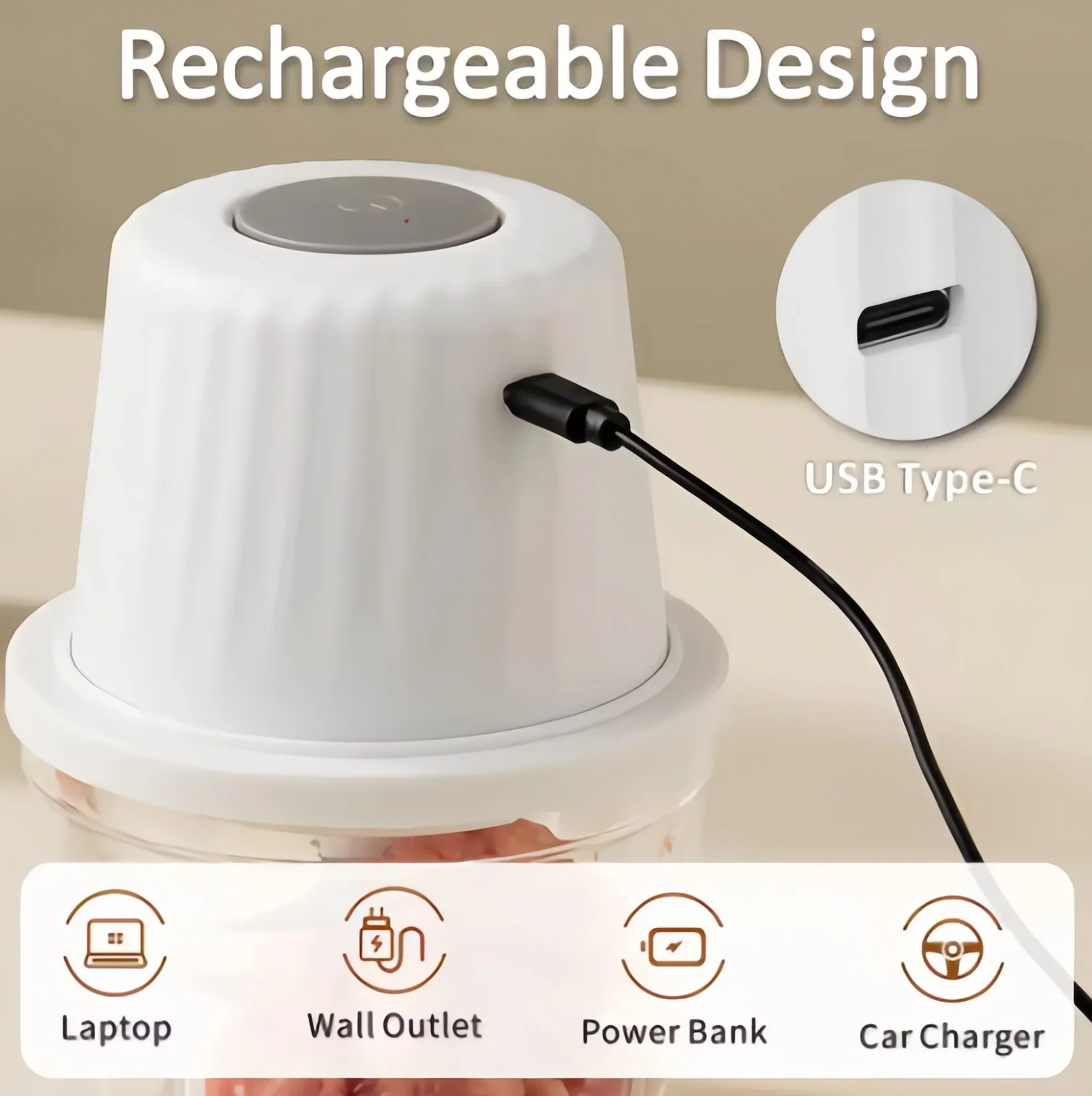 Cordless Electric Food Chopper, 350ml Mini Processor with 304 Stainless Steel Blade & Isolation Plate, for Garlic, Meat, Veggies 5