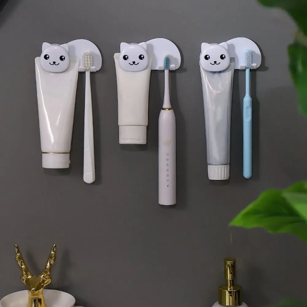 Plastic Cat Shaped Toothbrush Holder 2 in 1 Toothbrush Toothpaste Rack Wall Mounted Facial Cleanser Storage Clip