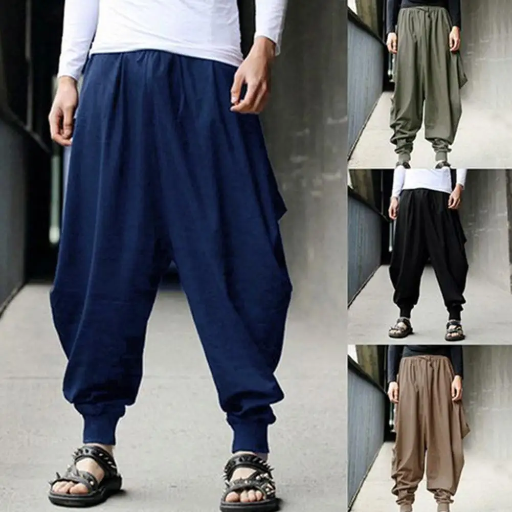 Men Harem Baggy Pants Men Hakama Linen Casual Wide Leg Mens Pants Japanese Trousers Men Cross-pants Crotch Pants Pantalon