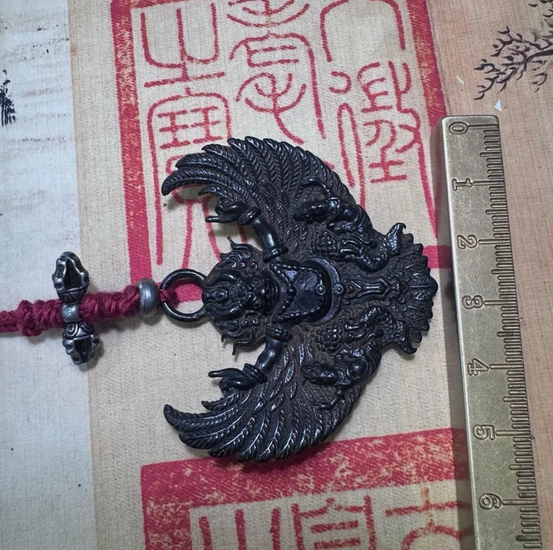 2.1''Old Tibet Tibetan Sky Iron Redpoll Winged Garuda Bird Eagle Buddha Pendant 6