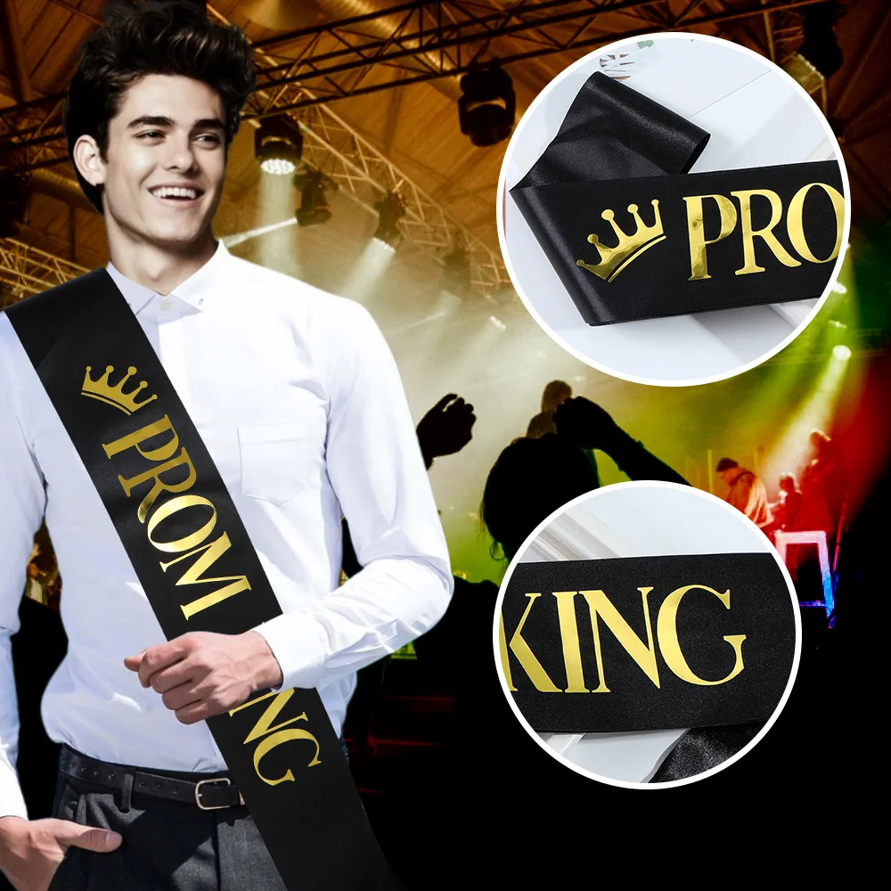 Cerchietti da ballo re e regina per feste di laurea, compleanni, addio al celibato, accessori, fascia in raso bianco nero con lettera in lamina d'oro  15