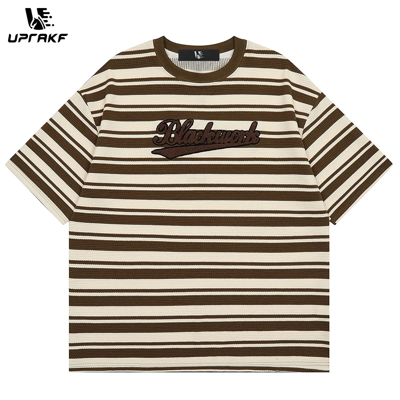 

UPRAKF Striped Print T Shirt Short Sleeve Summer Hip Hop Streetwear Harajuku Casual Loose Tops Simple Design Round Neck Niche