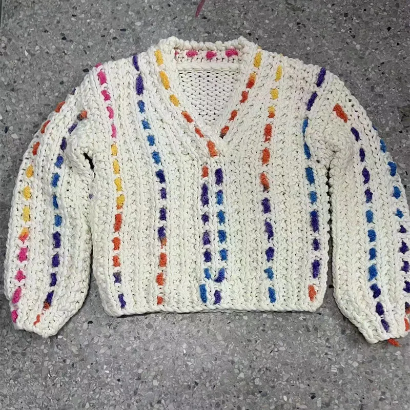 

Women Striped Chunky Knit Sweater Handmade Bulky V-neck 2023 Autumn Winter New In Fashion Trend
