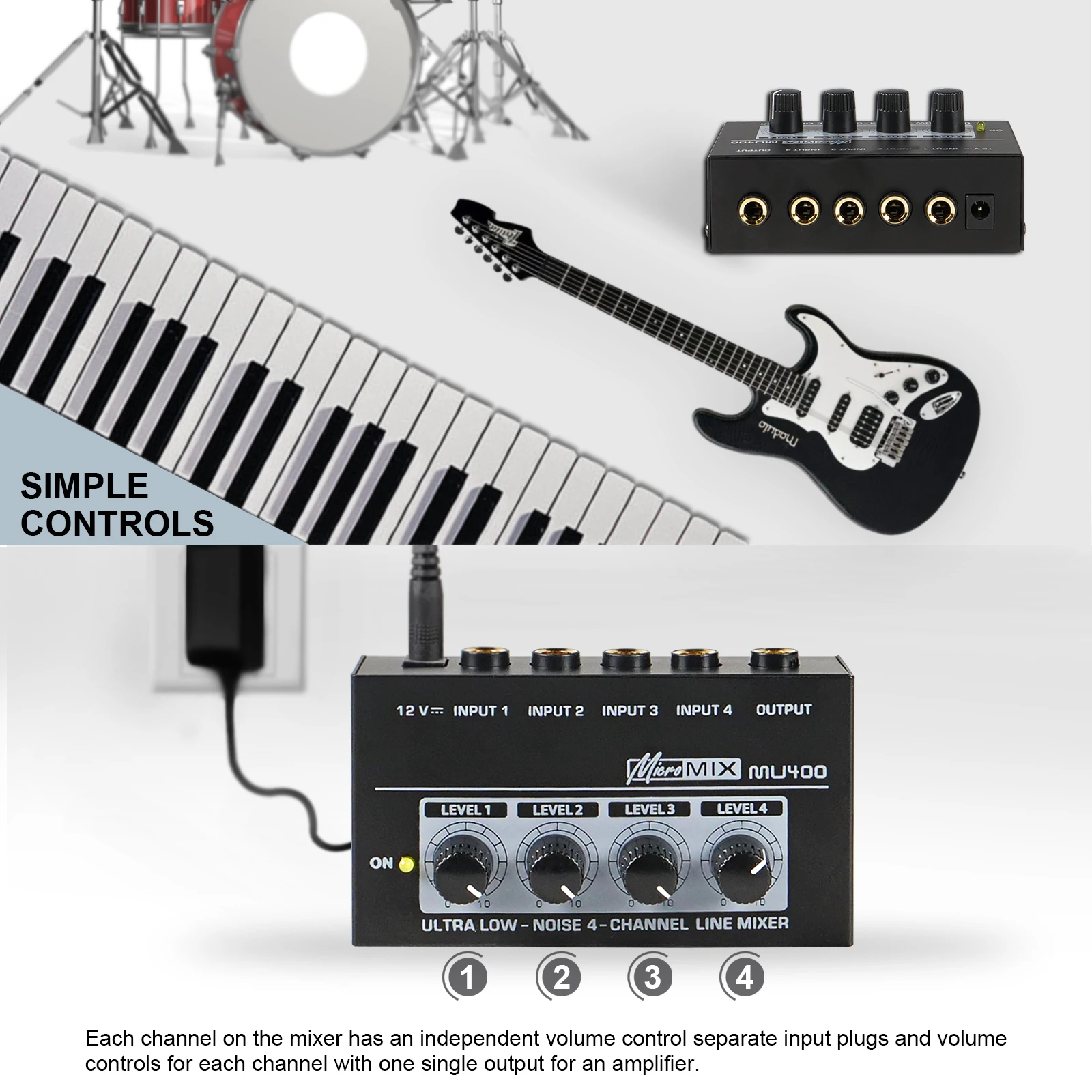 MU400 Ultra Low Noise 4 Channel Line Mixer Mini Sound Mixer Power Supply DC12V Easy Operation Audios