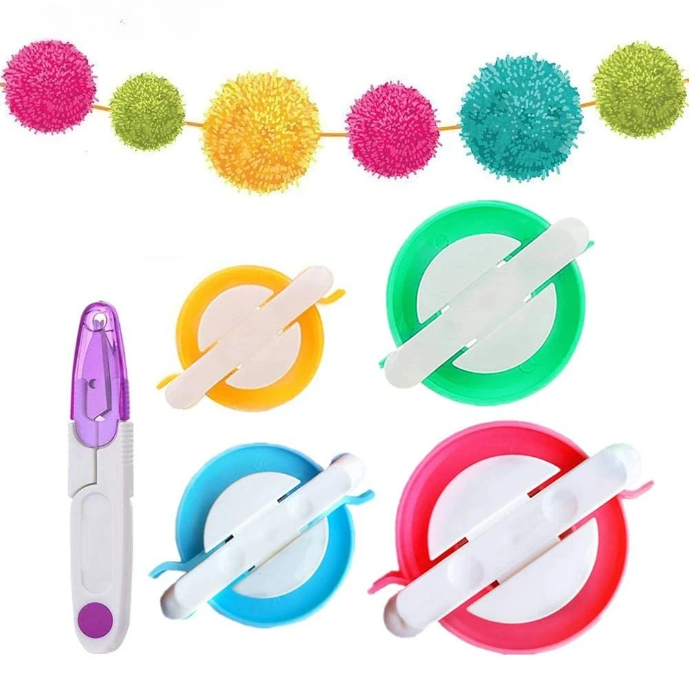 4-Size Pom Pom Maker Kit with Yarn Cutter DIY Fluffy Craft Tool for Knitting, Crochet & Kids/Adult Projects