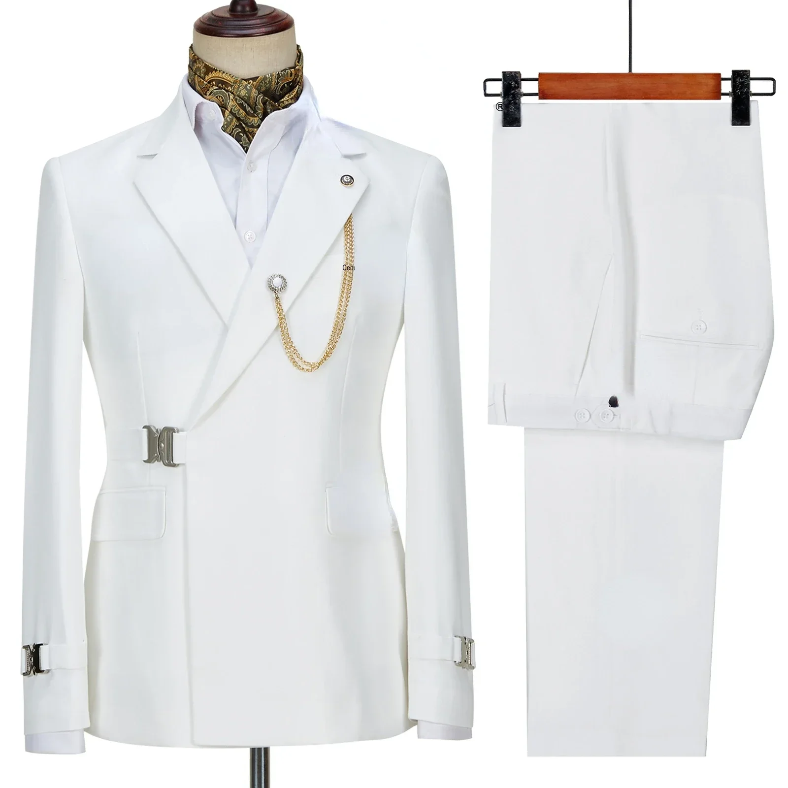 Elegant Luxury Solid Color Business Men's Suit Two Pieces Metal Buckle Male Formal Occasions Blazers and Pants