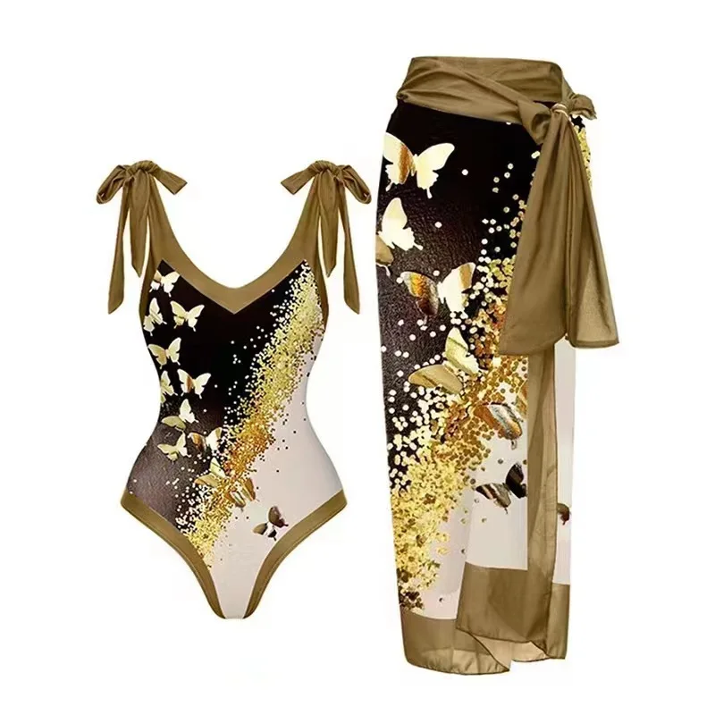 New French Retro Print Bikini High Waist Swimsuit Female Hot Spring Vacation Beach Skirt Two-piece Swimwear Beachwear Cover Up