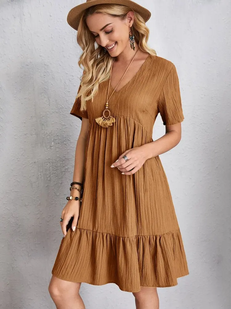 Elegant V Neck Ruffle Mini Dress - Womens Casual Summer Sundress