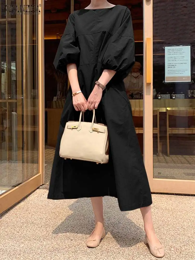 

ZANZEA Women Casual Solid Dress Femme Elegant OL Work Sundress Fashion Loose Vestidos Summer 3/4 Sleeve Midi Robe Oversize 2023