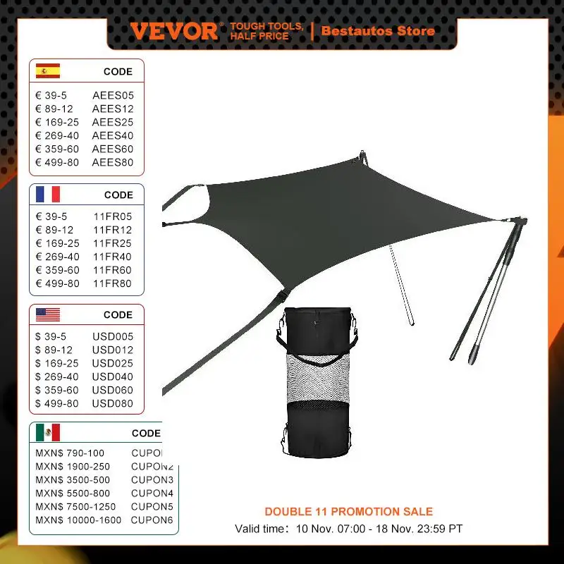 VEVOR T-top Shade Extension UV-proof 600D Polyester Kit with Rustproof Steel Telescopic Poles waterproof T-Tops ＆ Bimini Top