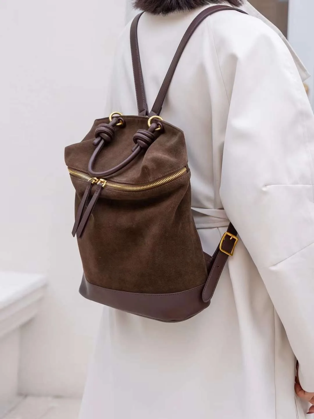 FIRMRANCH Splicing Frosted Cowhide Retro Simple Women's Backpack Anti-Theft Zipper Large Capacity Daily Commuting Pouch Fashion 4
