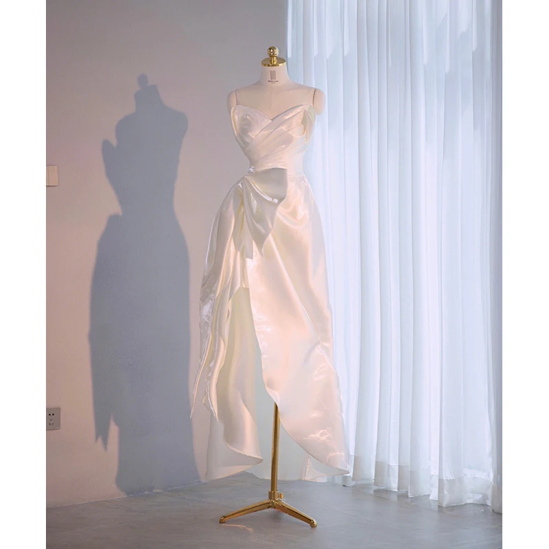 14477 # IENA 화이트 우아한 끈이 없는 얼룩 보우 플리츠 짧은 앞 긴 뒤 맥시 댄스 파티 가운 정장 드레스 이브닝 드레스 100% 진짜 그림  Best5