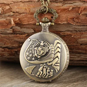 Bronze Solider Pattern Full Hunter Quartz Analog Pocket Watch for Men Women Necklace Sweater Chain Collectable Clock Reloj