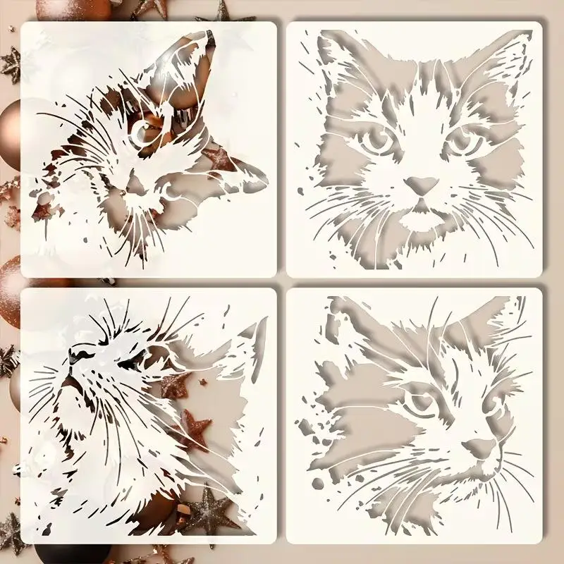 4개/세트 고양이 그림 스텐실, 귀여운 새끼 고양이 패턴이 있는 재사용 가능한 속이 빈 DIY 몰드, 나무 간판, 벽, 저널에 적합
