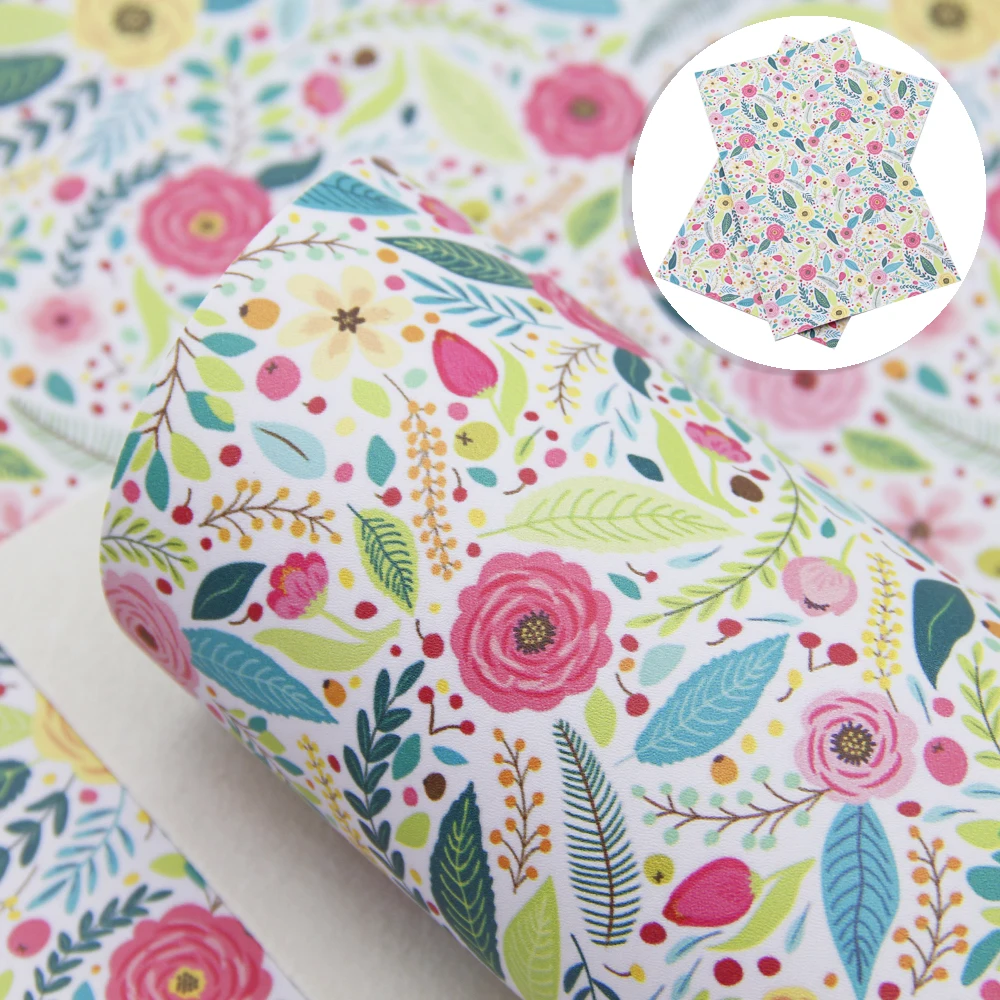 SMOOTH Faux Synthetic Leather Sheets Floral Print Leather Bows Fabric DIY Earrings Handbag Craft Accessories,1Yc22942