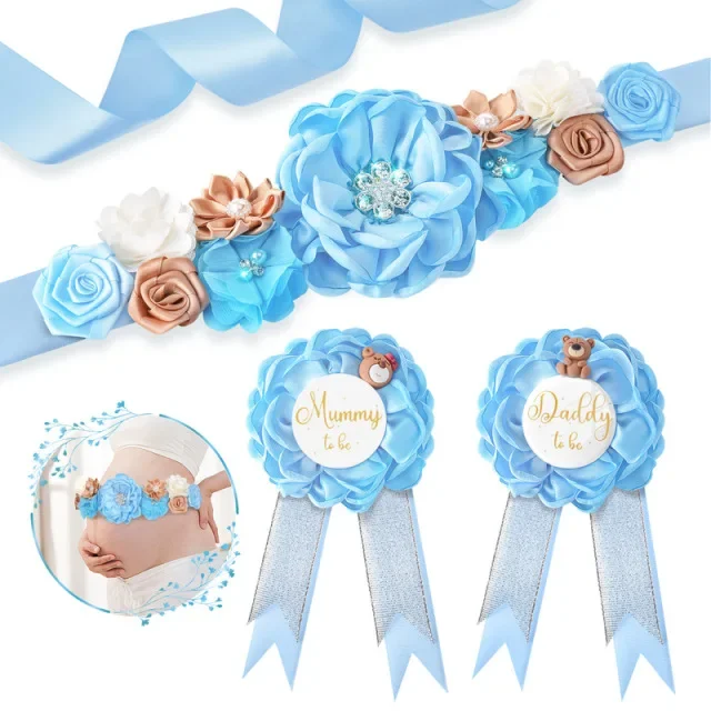 Flower Sash Set-Baby Shower Mom to Be Daddy to Be Corsage Pin - Main Image