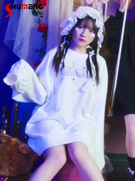 

Japanese Mine Rhinestone Cross Love Pendant Hoodies for Women 2024 Spring New Long Sleeve Round Neck Mid-Length Sweatshirt Women