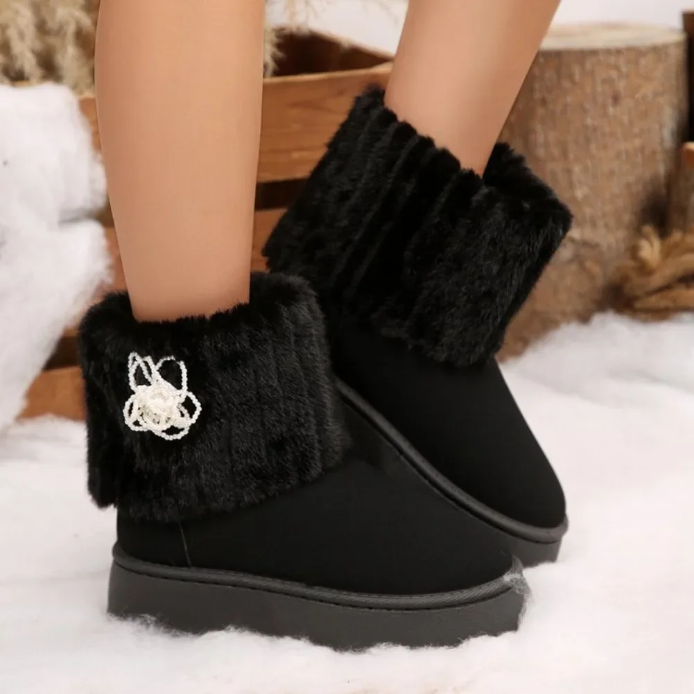 Shoes for Women Winter Slip on Women's Boots Black Round Toe Solid Flock Plush Warm Mid Heel Water Proof Casual Snow Boots Women