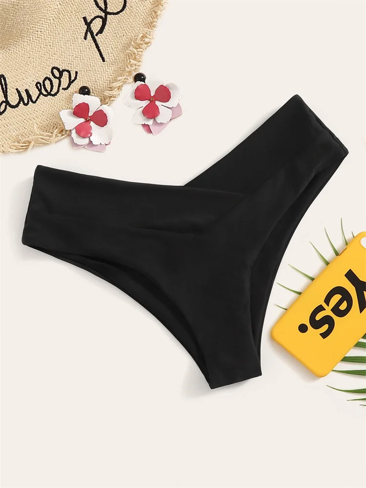 Bikini Bottoms Swimwear 2023 New Women Swimsuit Solid Black High Waist