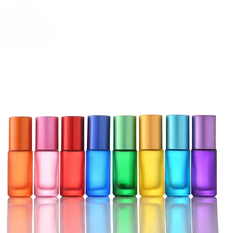 

100pcs/lot 5ml Frosted Thick Glass Perfume Roll on Bottle with Stainless Steel Ball Essential Oil Bottles