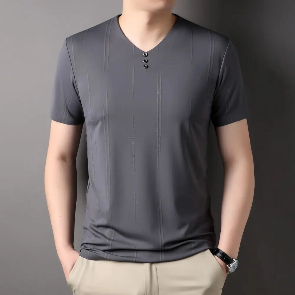 

Men's Short-Sleeved T-Shirt V-Neck Brocade Jacquard Summer New Dress Trend Casual Cool Breathable Half-Sleeve Top R5043