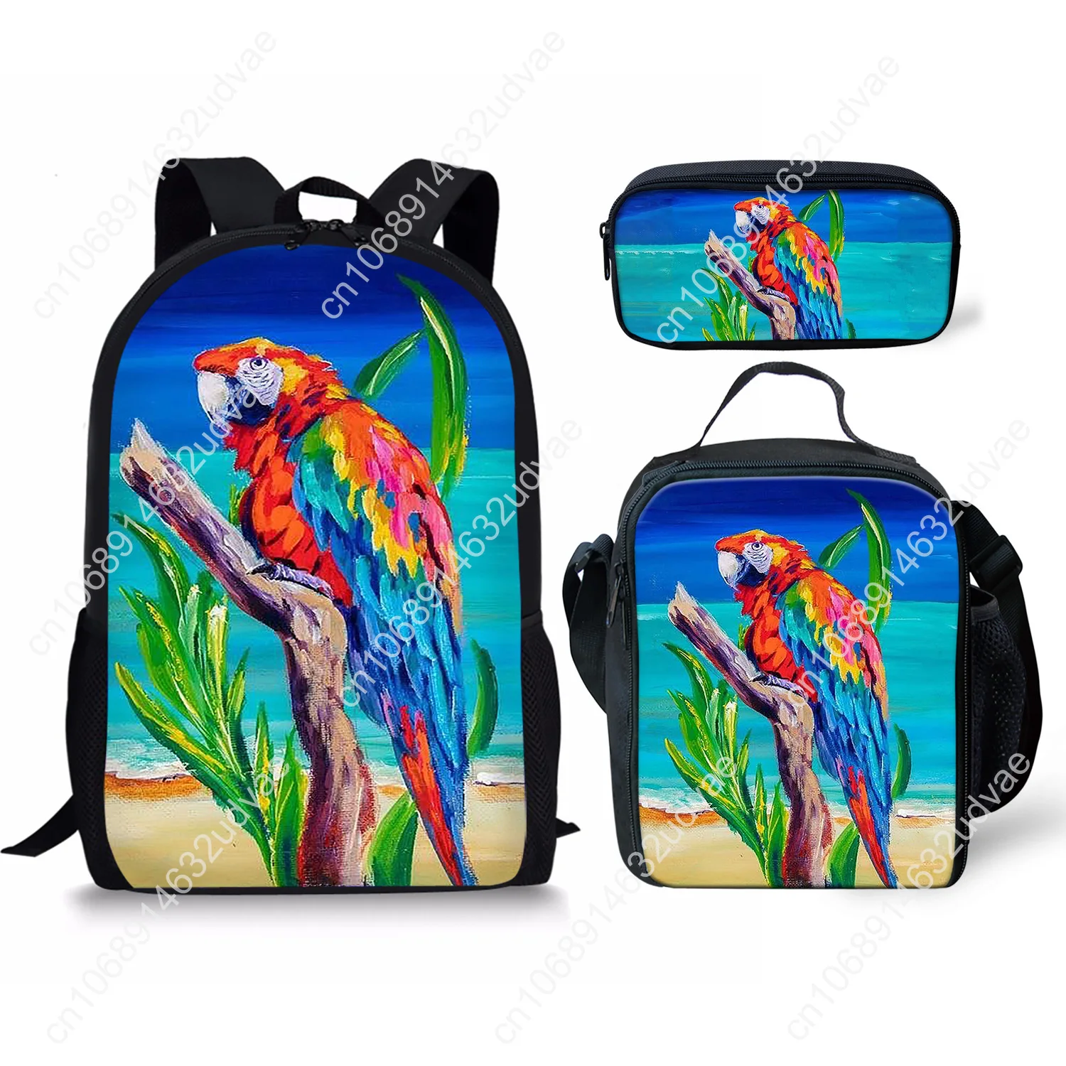 3 Pack Colorful Parrot and Cartoon Bird Print Boys Girls Backpack Student School Bag Crossbody Lunch Bag Pencil Pouch Mochilas