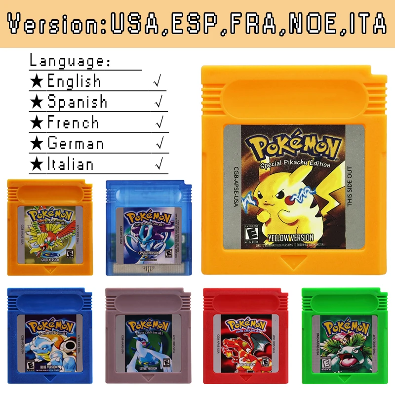 

GBC Game Cartridge Pokemon Blue Crystal Golden Green Red Silver Yellow with Multi-language 16 Bit Video Game Console Card